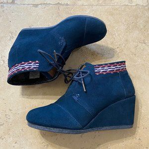 Blue suede booties by TOMS